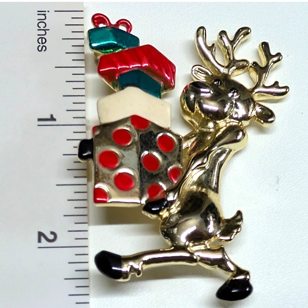 Vintage Danecraft Reindeer Gifts Brooch Pin Goldtone Red Green Enamel Holiday